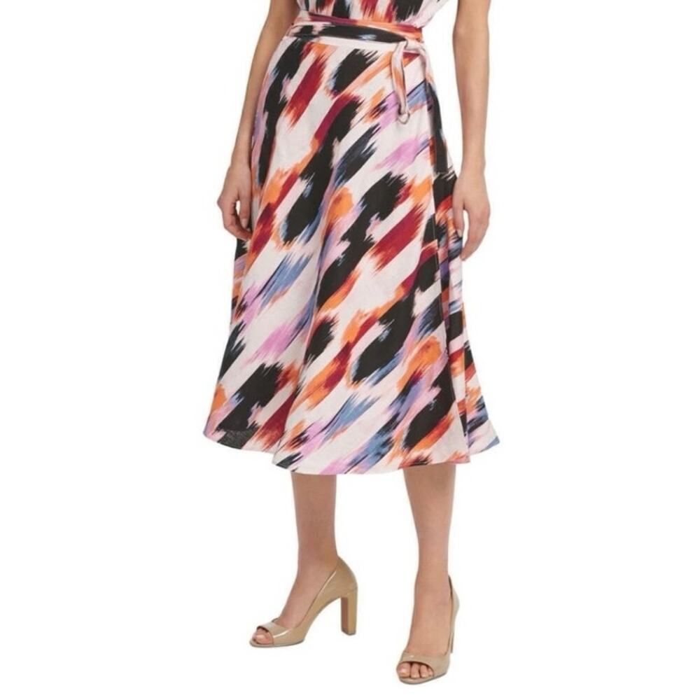 DKNY 100% Linen Abstract Print A-Line Midi Faux Wrap Skirt Belted Women’s Sz 12